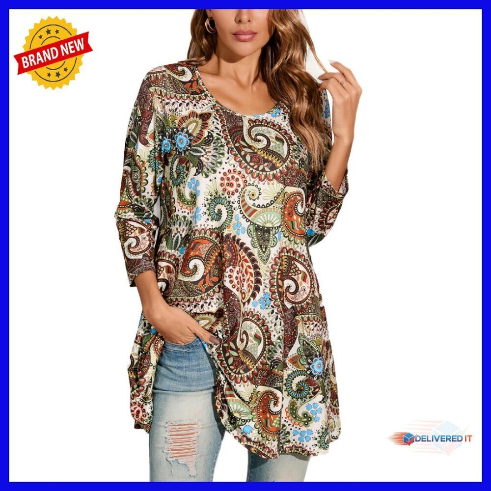 Plus Size 3/4 Sleeve Tunic Top Loose Fit Flare Blouse S-5XL